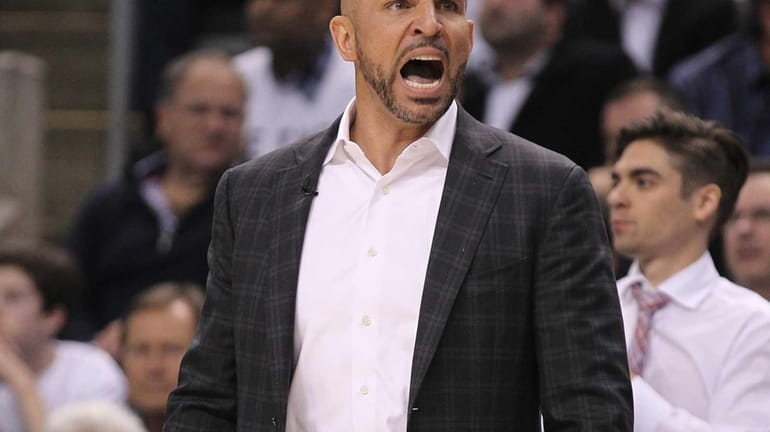 Jason Kidd reacts to a call during play against the...