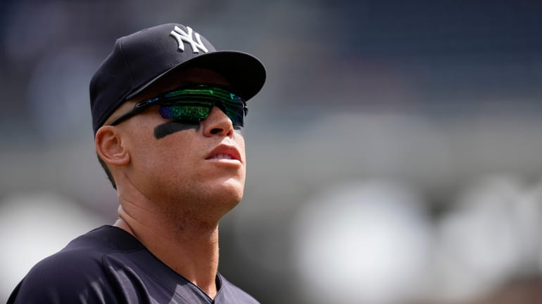 Aaron Judge between innings of an exhibition game against the...