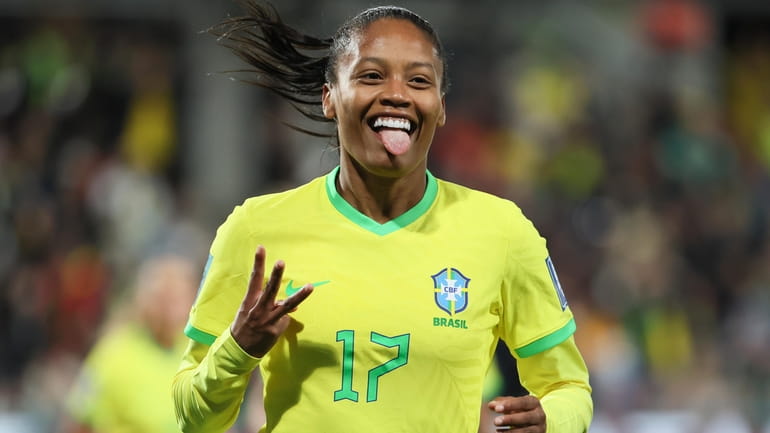 Brazil's Ary Borges celebrates her hat trick goal during the...