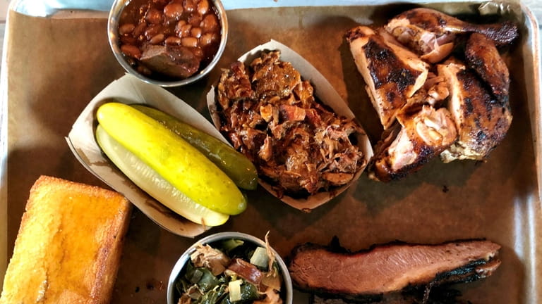 A tray of barbecued meat and sides at Old Fields...