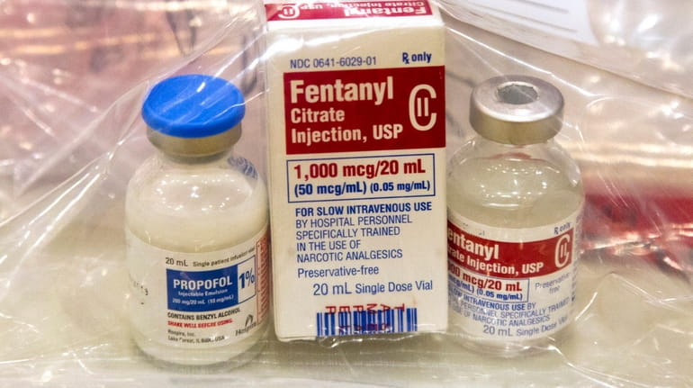 Bottles of fentanyl on display in Nassau County after a seizure...