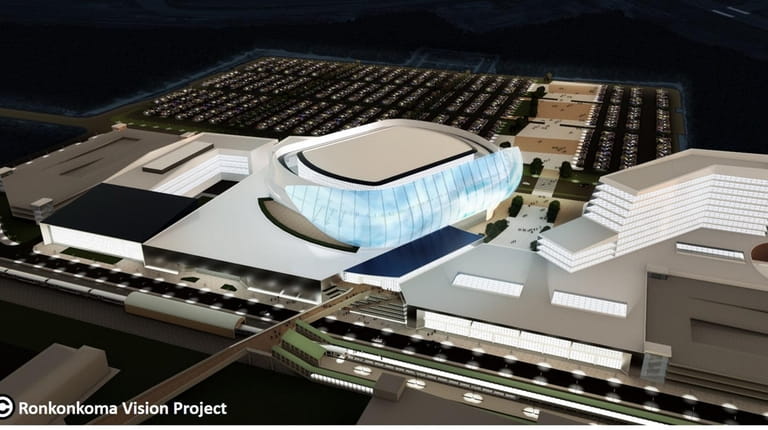 A rendering shows a nighttime view of an arena complex...