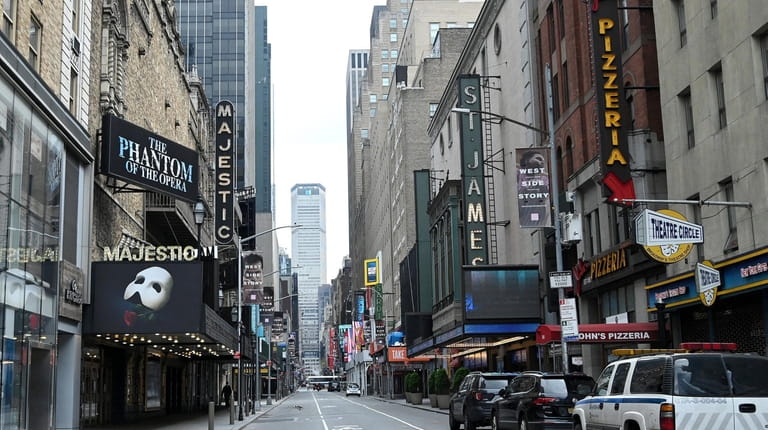 Broadway theaters, seen here in April, have been closed since...