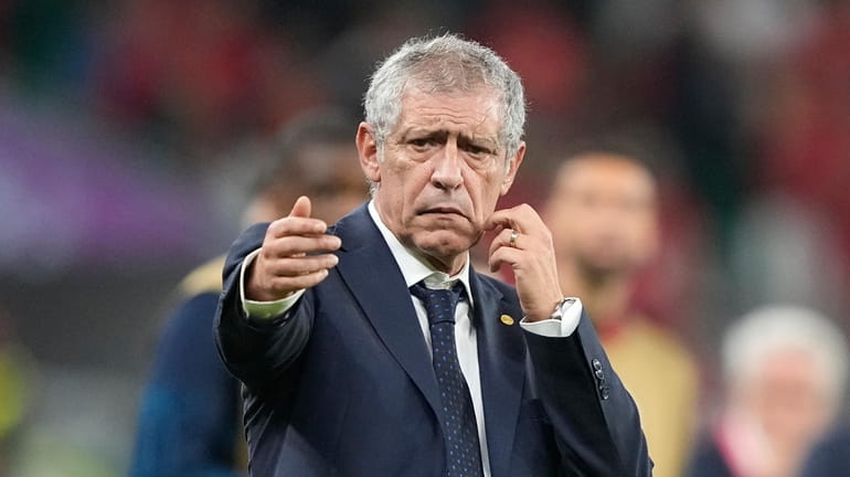 FILE - Portugal's head coach Fernando Santos gestures during the...