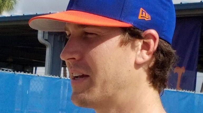 Jacob deGrom talks to the media at the Mets' spring...