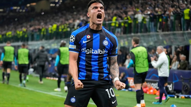Inter Milan's Lautaro Martinez celebrates after scoring his side's second...
