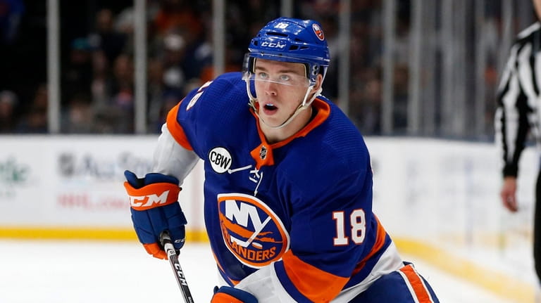 Anthony Beauvillier #18 of the New York Islanders skates against...