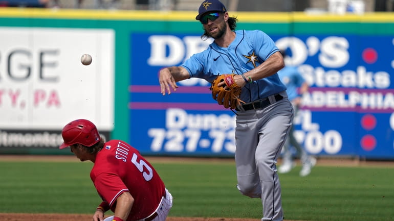 Tampa Bay Rays second baseman Charlie Culberson forces Philadelphia Phillies'...