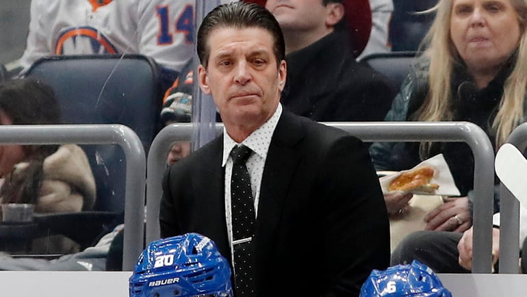 Head coach Lane Lambert of the Islanders looks on against the...