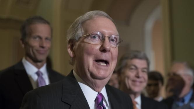 Senate Majority Leader Mitch McConnell speaks on Capitol Hill in...