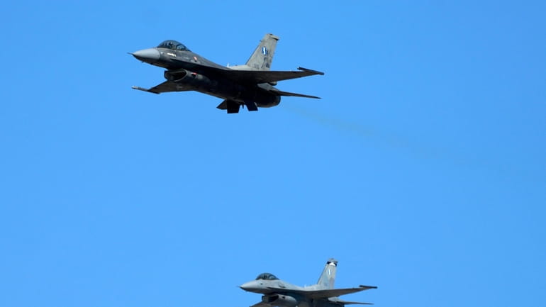 Greek Fighter Jets F-16, fly over Tanagra air force base...