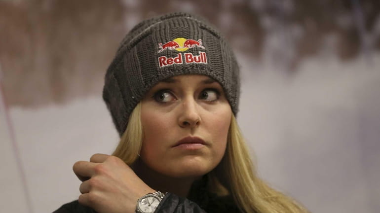 Lindsey Vonn gestures during a press conference in view of...