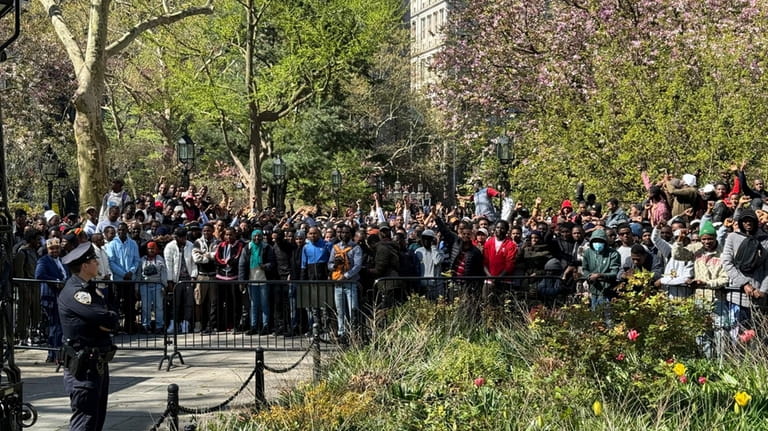 Immigrants rally at City Hall Park outside City Hall in...
