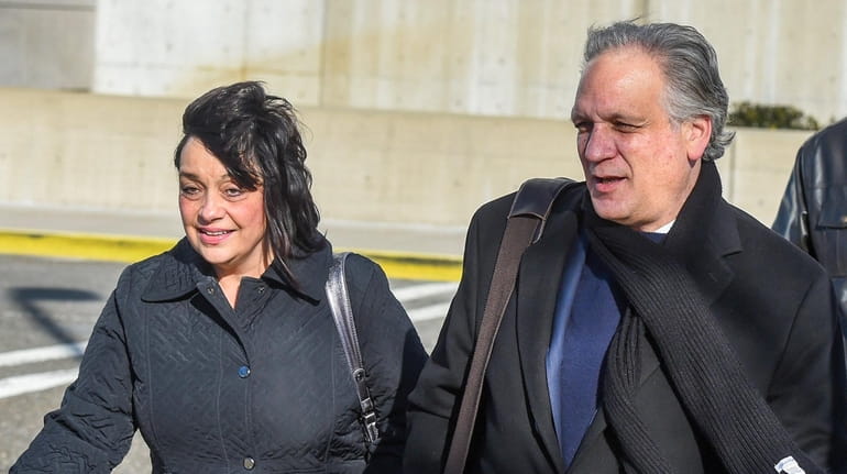 Linda and Edward Mangano leave federal court in Central Islip...