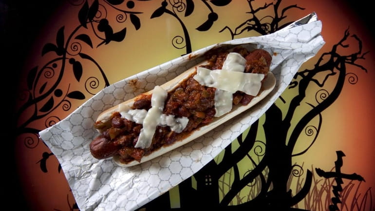 The Wolf Dog is smothered with chili and mozzarella cheese...