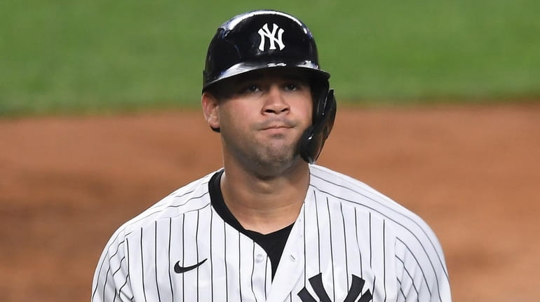 Gary Sanchez of the Yankees reacts after striking out during the...