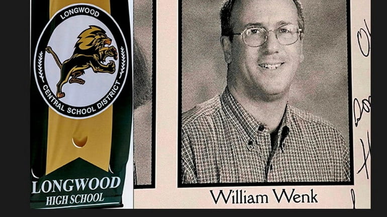 This composite shows a banner at Longwood High School and former science teacher...