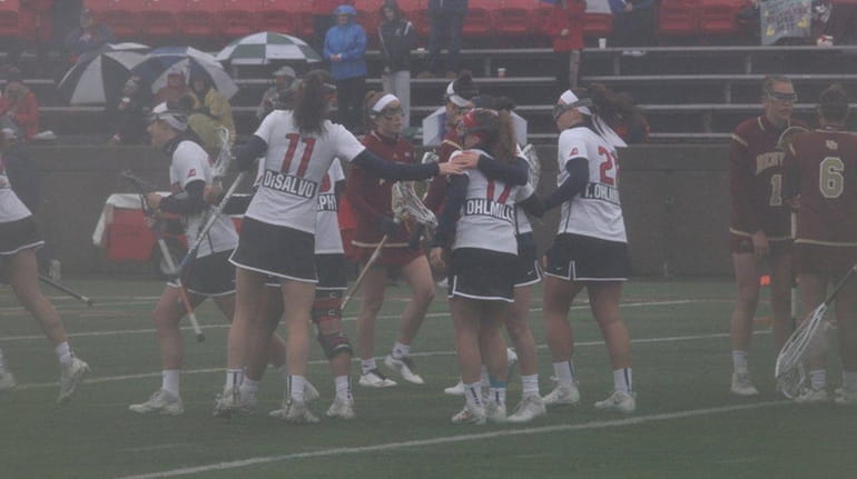 Stony Brook celebrates after a Kylie Ohlmiller goal in the...