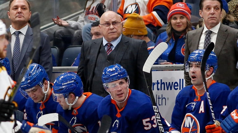 Head coach Barry Trotz of the New York Islanders looks...
