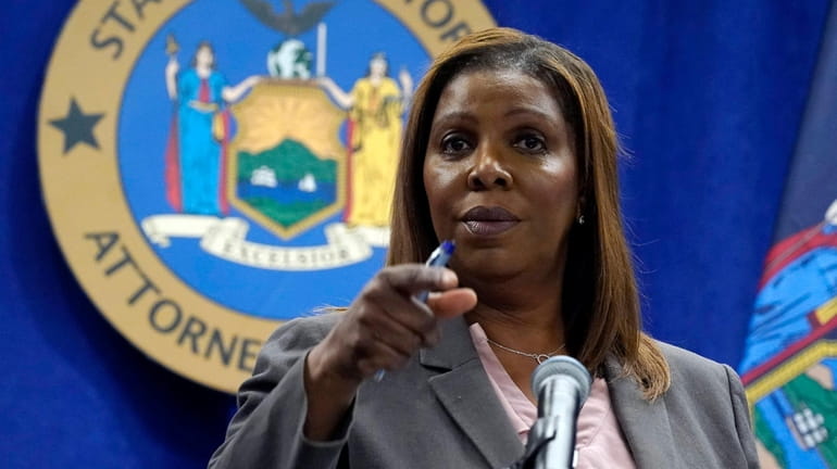 New York Attorney General Letitia James addresses a news conference...