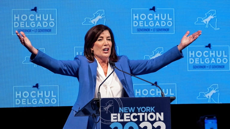 Gov. Kathy Hochul speaks after declaring victory at her Manhattan campaign...