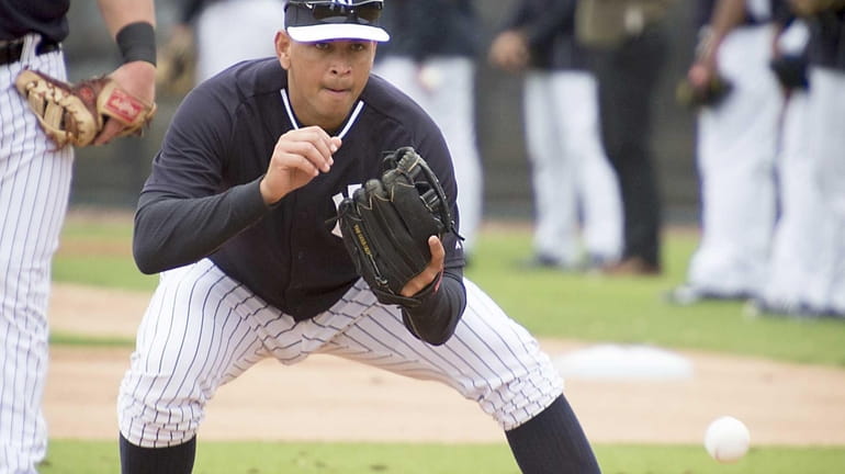 Yankees third baseman Alex Rodriguez takes part in drills at...