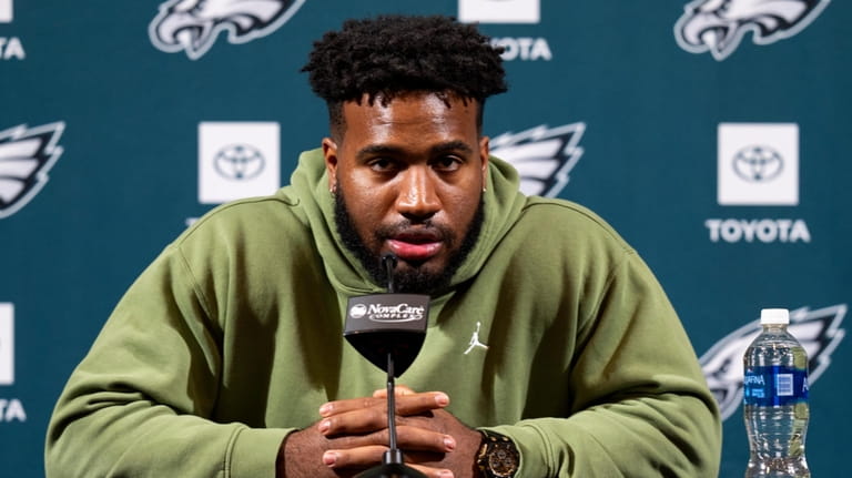 Philadelphia Eagles Bryce Huff talks to the media during the...