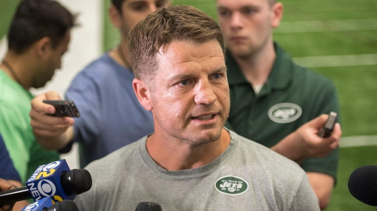 Jets quarterbacks coach Jeremy Bates speaks with the media during minicamp at...