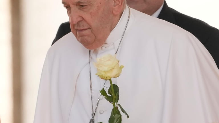 Pope Francis carries a rose as he arrives for his...