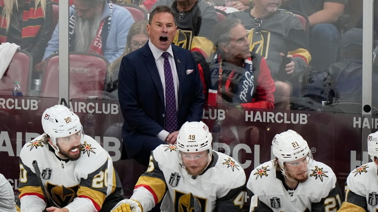 Vegas Golden Knights head coach Bruce Cassidy yells during the...