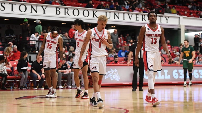 Stony Brook Seawolves players including guard Jahlil Jenkins  in the...