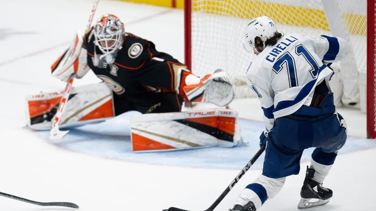 Tampa Bay Lightning center Anthony Cirelli (71) shoots for the...