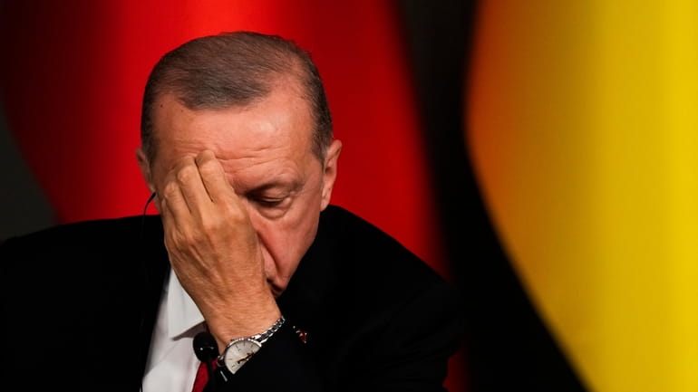 Turkey's President Recep Tayyip Erdogan listens to Ukraine's President Volodymyr...