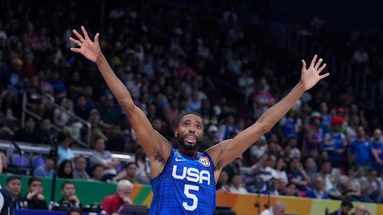 U.S. forward Mikal Bridges (5) gestures during the Basketball World...