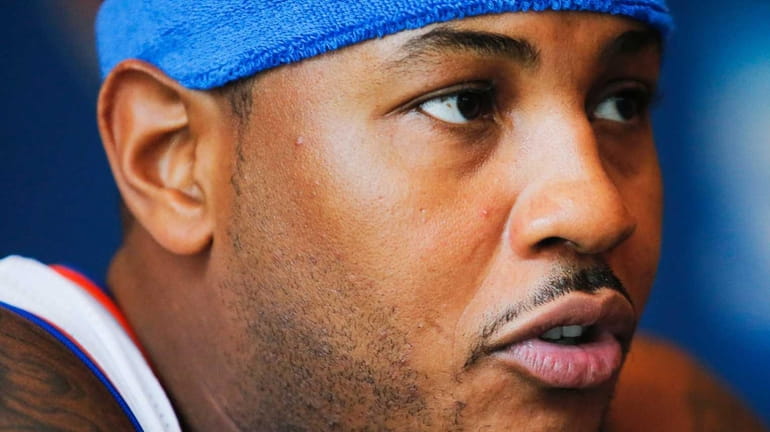Carmelo Anthony speaks during a press conference during the New...