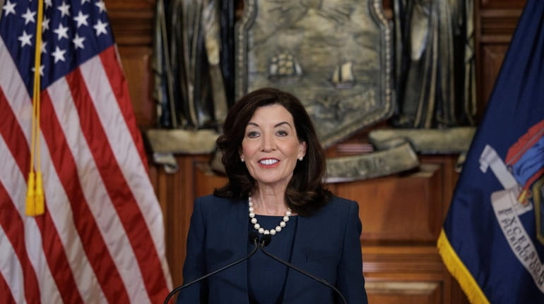 Gov. Kathy Hochul, seen presenting the budget, told the Newsday...