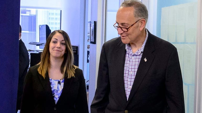 Sen. Charles Schumer arrives for a press conference regarding the...