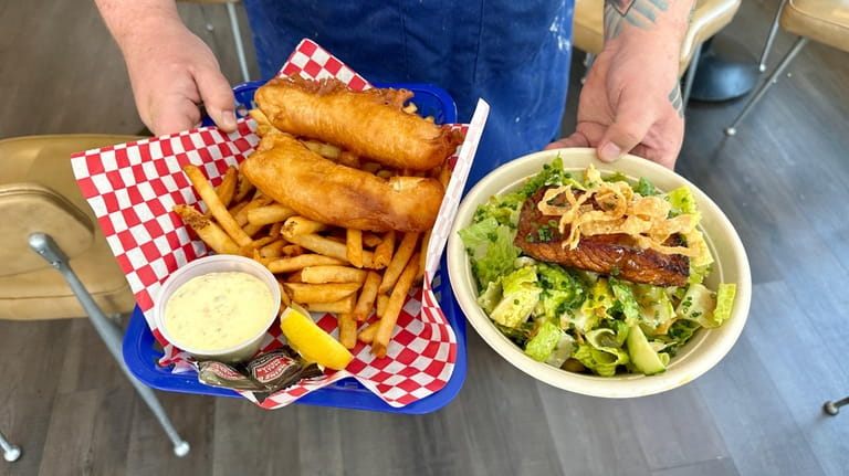 Fish and chips, left, and the salmon bowl at Maggie’s...