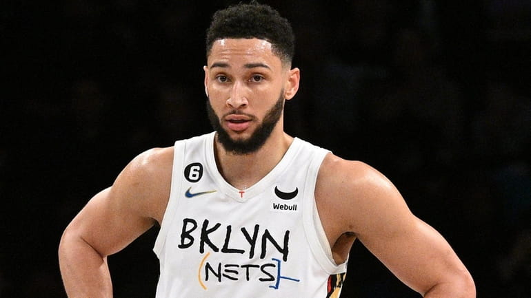 Nets guard Ben Simmons looks on against the Miami Heat...