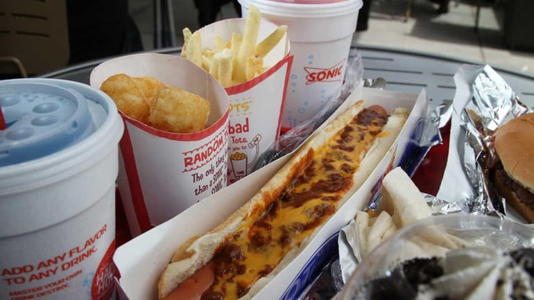 An order with a chili cheese hot dog, "Blast," fries...
