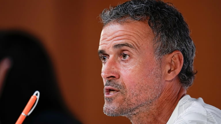 Spain's head coach Luis Enrique speaks to reporters during a...