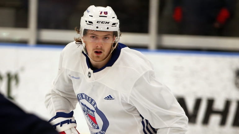 The Rangers' Brennan Othmann during training camp at the team's facility in Tarrytown,...