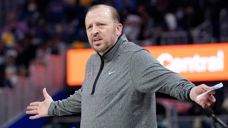 Knicks head coach Tom Thibodeau reacts toward officials during the...