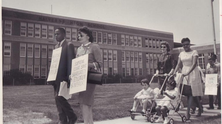 A demonstration for the desegregation of the Malverne school district,...