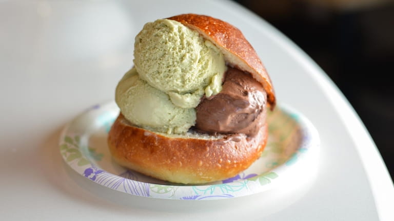 Pistachio and chocolate gelato served on a soft brioche bun...