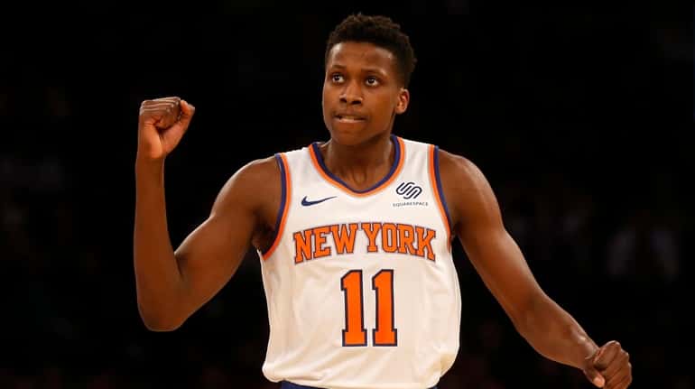 Frank Ntilikina #11 of the New York Knicks reacts in...