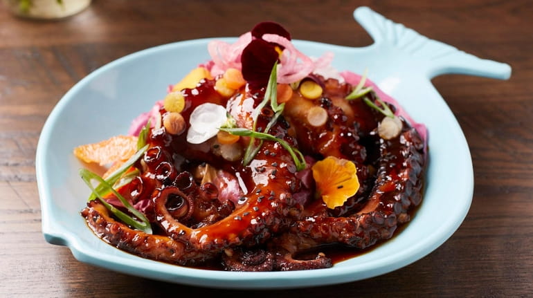 Grilled Florida octopus glazed with with a miso-soy sauce, a seasonal...