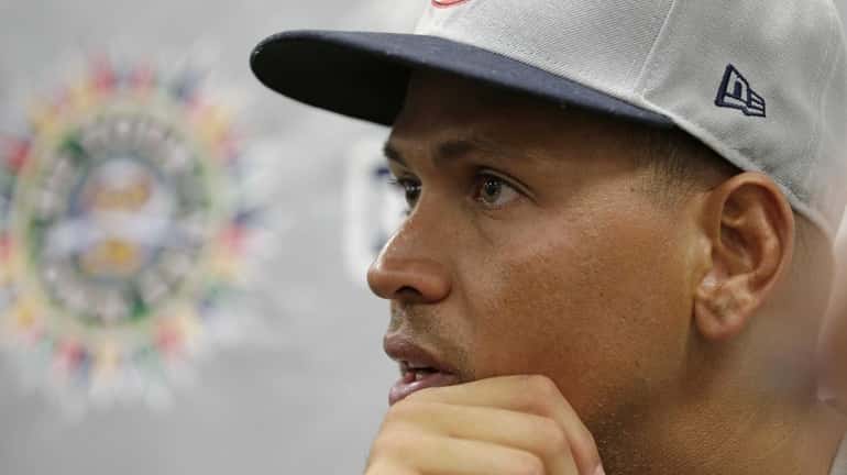 Alex Rodriguez speaks to reporters after his second rehab game...