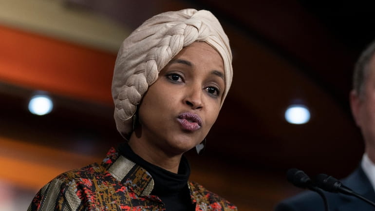 Rep. Ilhan Omar, D-Minn., speaks during a news conference on...