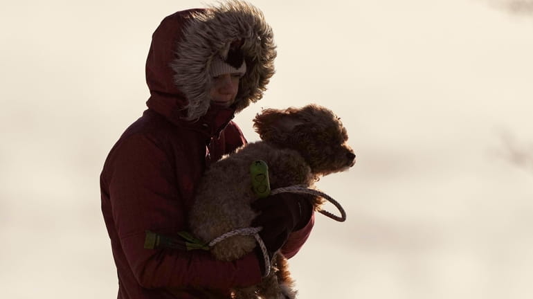 A woman carries her dog in the bitter cold on Saturday in...